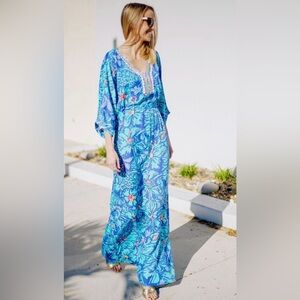 Rare Lilly Pulitzer Wilda Maxi Caftan Iris Blue Mai Tai Size Large